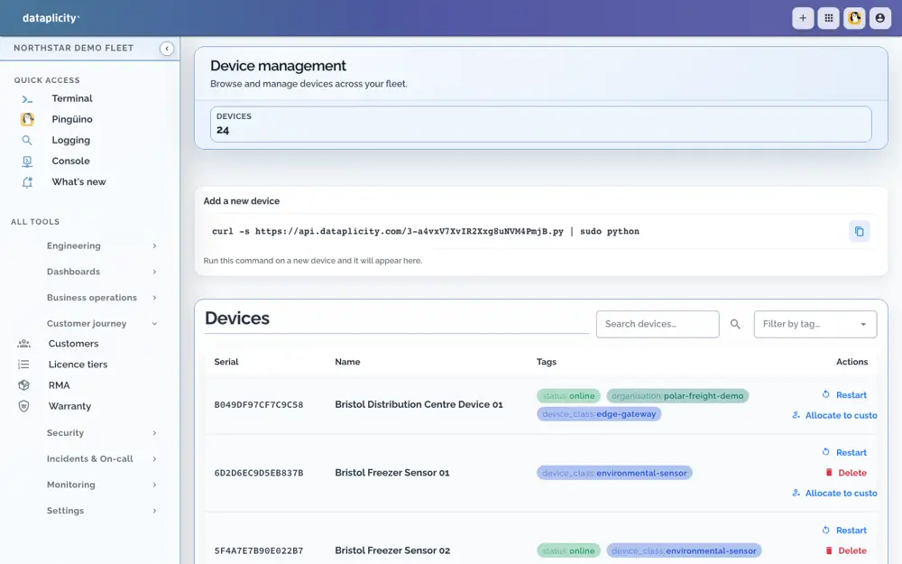 Agent installation command and device records with customer allocation actions in the demo inventory