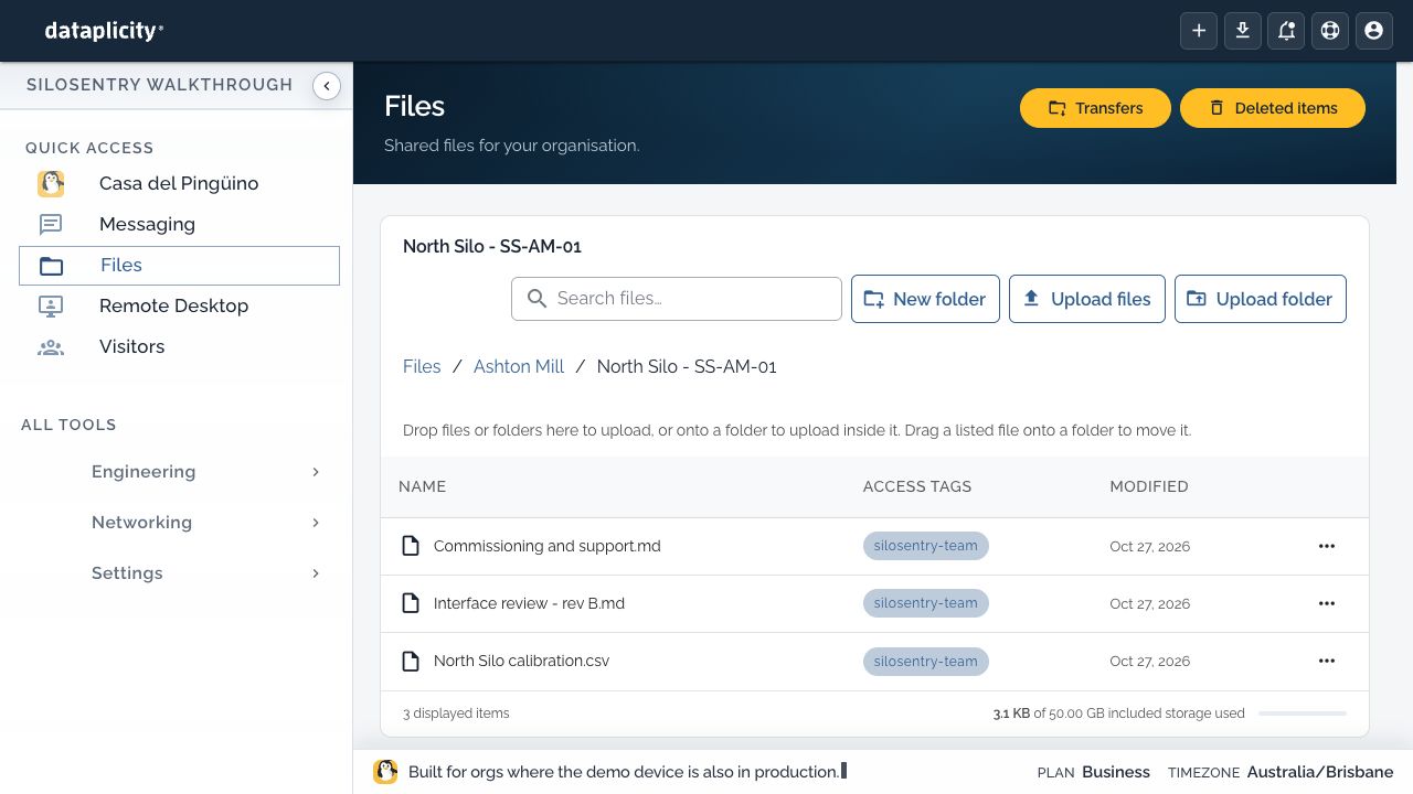 Dataplicity Files with shared folders, file search and upload controls
