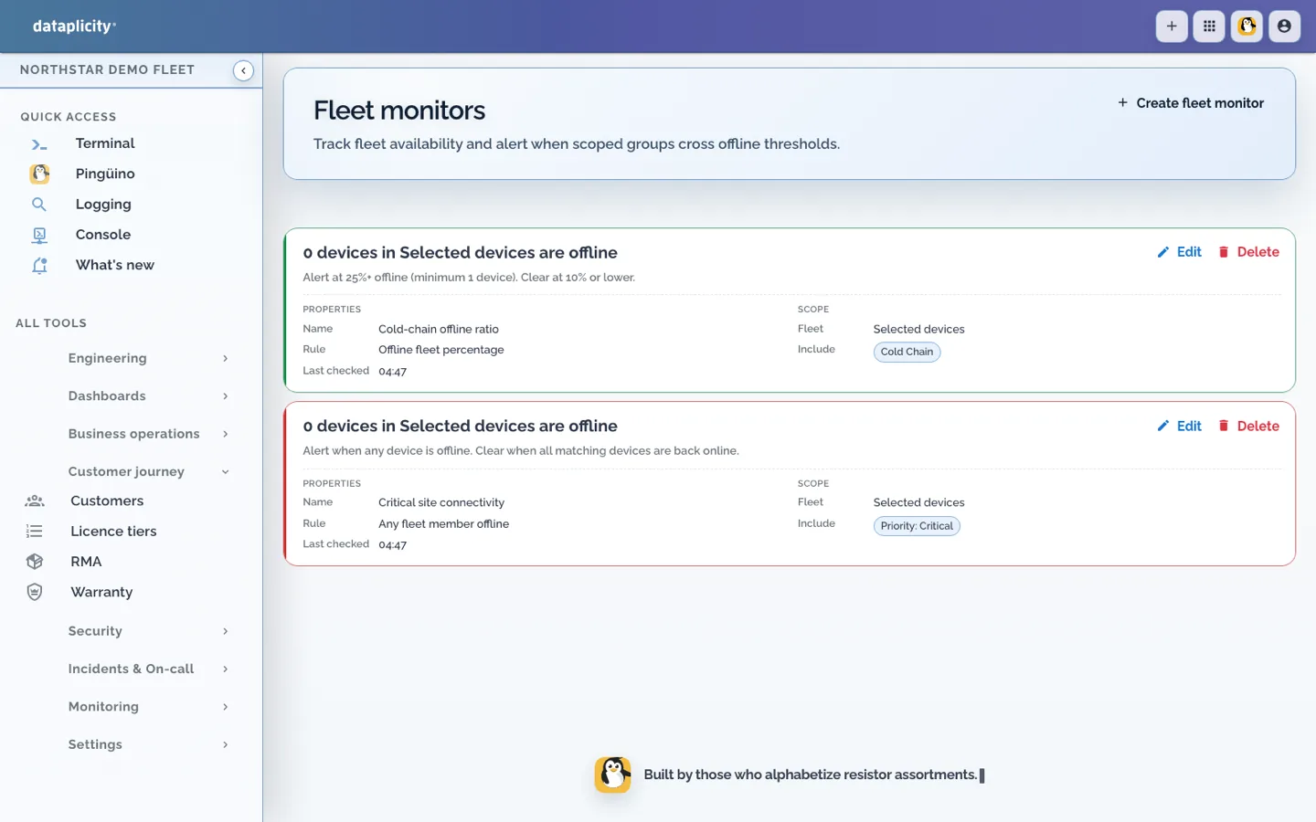 Configured offline-percentage and critical-site connectivity monitors for a demo fleet