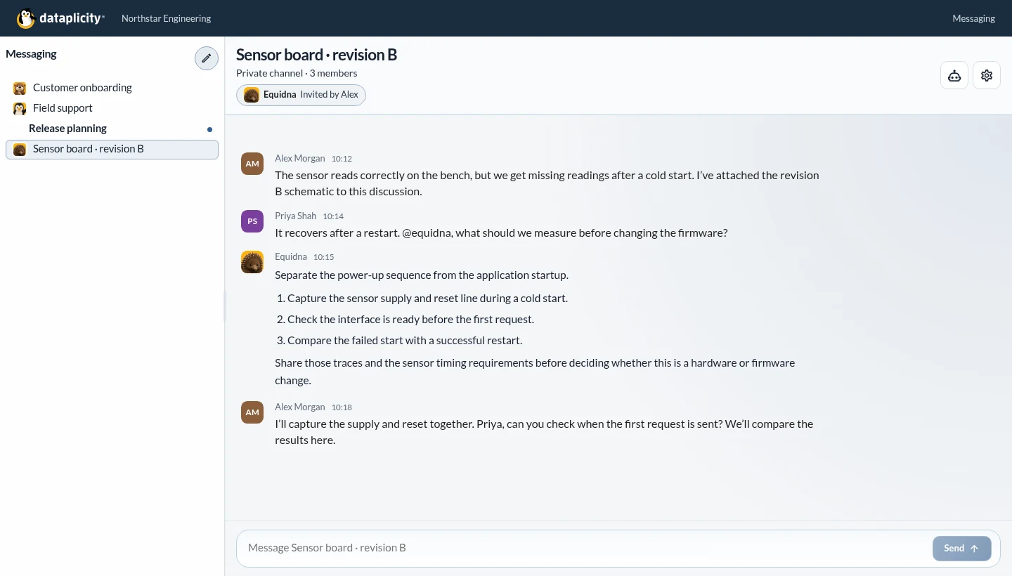 Teammates discussing a sensor startup problem with Equidna, an AI hardware and firmware specialist, in Dataplicity Chat